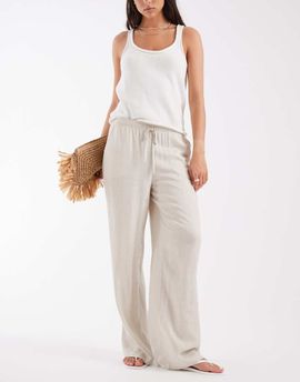 Vero Moda Vero Moda linen touch wide leg pants with drawstring waist in stone-Neutral