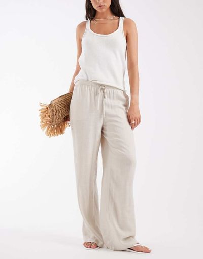 Vero Moda Vero Moda linen touch wide leg pants with drawstring waist in stone-Neutral