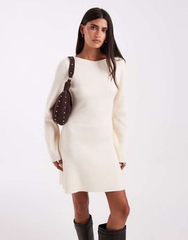 Vero Moda Vero Moda long sleeve boat neck knit mini dress in cream-White