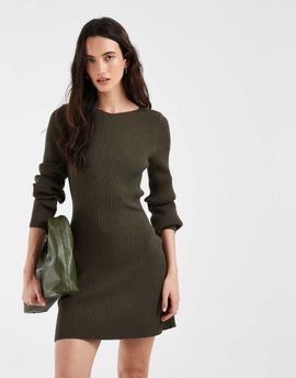 Vero Moda Vero Moda long sleeve boat neck knit mini dress in dark green