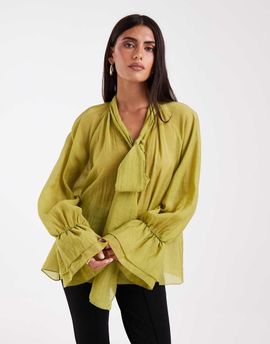 Vero Moda Vero Moda long sleeve ruffle blouse with scarf detail in green