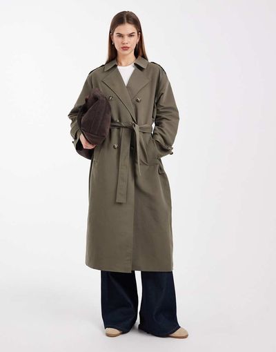 Vero Moda Vero Moda longline belted trench coat in kalamata green