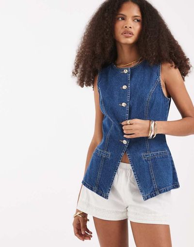 Vero Moda Vero Moda longline denim vest in medium blue wash