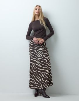 Vero Moda Vero Moda mid rise satin maxi skirt in chocolate zebra print-Brown