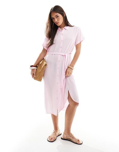 Vero Moda Vero Moda midi shirt dress with tie belt in pink