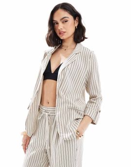 Vero Moda Vero Moda mix and match linen touch tailored blazer in cream stripe - part of a set-Neutral