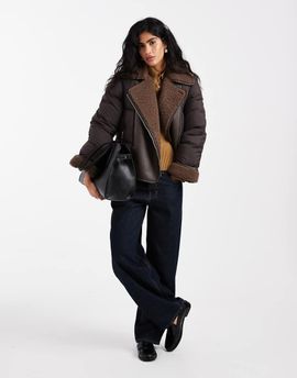 Vero Moda Vero Moda mixed textile short puffer jacket with borg trim in chocolate-Brown