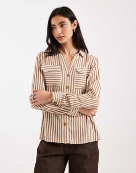 Vero Moda Vero Moda pocket front shirt in tan and cream stripes-White