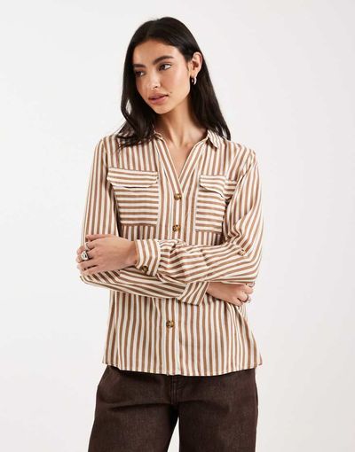 Vero Moda Vero Moda pocket front shirt in tan and cream stripes-White