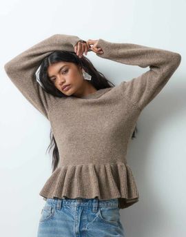 Vero Moda Vero Moda Premium wool blend peplum waist sweater in beige-NEUTRAL