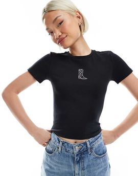 Vero Moda Vero Moda rhinestone western boot graphic baby tee in black