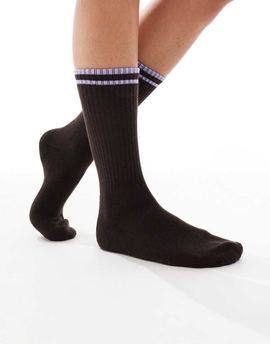 Vero Moda Vero Moda ribbed athletic socks in chocolate brown with lavender stripes