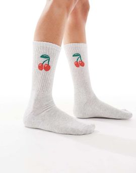 Vero Moda Vero Moda ribbed sports socks in light gray with cherry detail