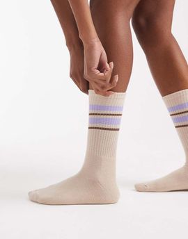 Vero Moda Vero Moda ribbed sports socks in oatmeal with lavender and brown stripe-Neutral