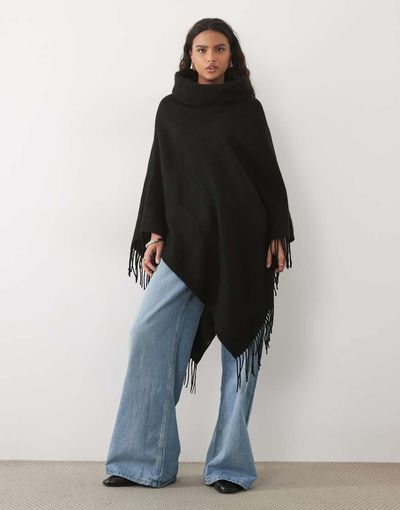 Vero Moda Vero Moda roll neck knitted poncho with fringing detail in black