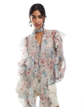 Vero Moda Vero Moda ruffle trim blouson sleeve boho blouse with detached scarf in faded floral print-Multi