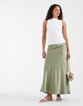 Vero Moda Vero Moda satin bias midi skirt in oil green