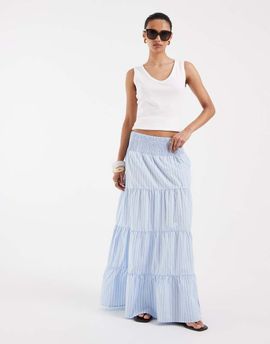 Vero Moda Vero Moda shirred waist tiered boho maxi skirt in blue and white stripes