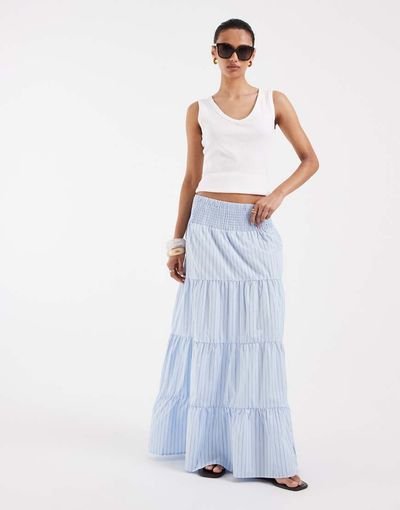 Vero Moda Vero Moda shirred waist tiered boho maxi skirt in blue and white stripes