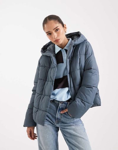 Vero Moda Vero Moda short puffer coat with hidden zip detail in stormy gray