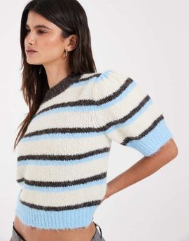 Vero Moda Vero Moda short sleeve knit sweater in brown and blue stripes-White