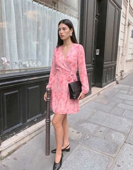 Vero Moda Vero Moda Smilla chiffon long sleeve wrap front mini dress in tonal pink floral print