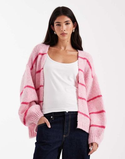 Vero Moda Vero Moda soft blouson sleeve edge to edge cardigan in bonbon pink stripe print