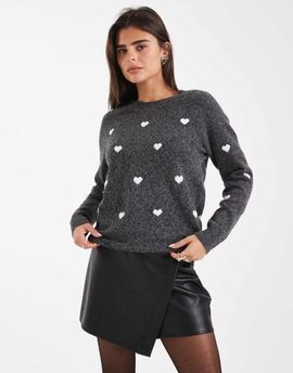 Vero Moda Vero Moda soft o-neck heart print sweater in dark gray melange