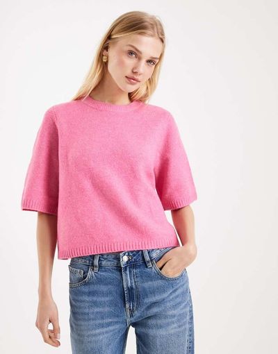 Vero Moda Vero Moda soft O-neck oversized boxy knit T-shirt in cosmos pink