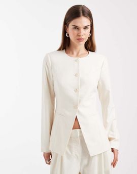 Vero Moda Vero Moda tailored collarless fitted blazer in cream - part of a set-White