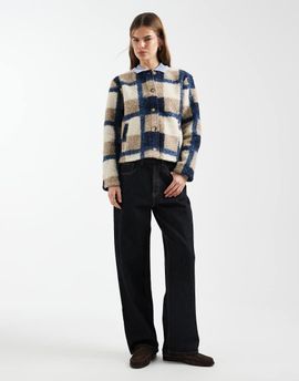 Vero Moda Vero Moda textured collarless short bouclé jacket in beige and navy checkerboard