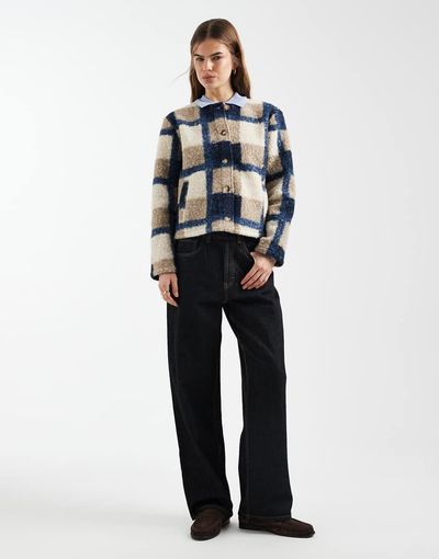 Vero Moda Vero Moda textured collarless short bouclé jacket in beige and navy checkerboard