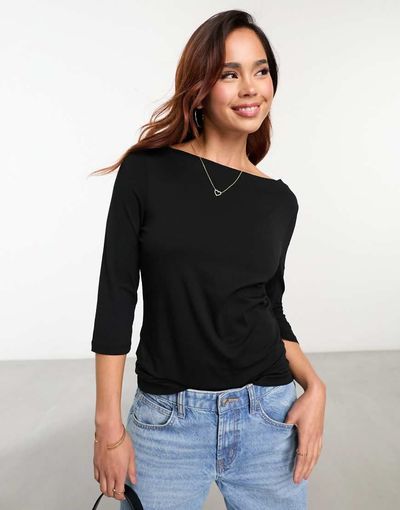 Vero Moda Vero Moda three quarter length sleeve jersey top in black