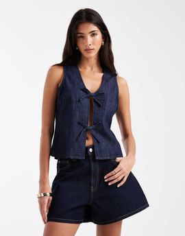 Vero Moda Vero Moda tie front sleeveless denim top in dark rinse wash-Navy