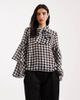Vero Moda Vero Moda tie neck gingham blouse with tiered cuffs in black and white - 1