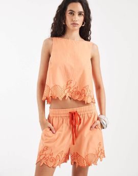 Vero Moda Vero Moda tie waist shorts in orange with shell fringe detail - part of a set