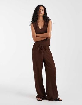 Vero Moda Vero Moda tie waist textured wide leg pants in cocoa brown - part of a set