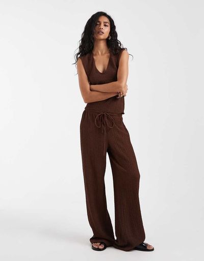 Vero Moda Vero Moda tie waist textured wide leg pants in cocoa brown - part of a set
