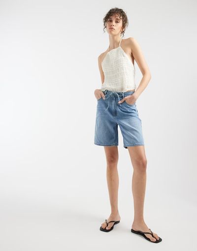 Vero Moda Vero Moda Villa mid-rise tie waist denim bermuda shorts in light blue wash