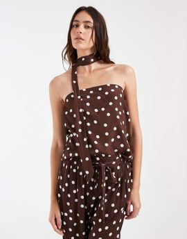 Vero Moda Vero Moda woven bandeau top with scarf detail in chocolate and white polka dots - part of a set-Brown