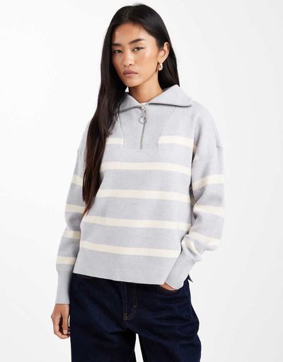 Vero Moda Vero Moda zip through sweater in light gray with cream stripes