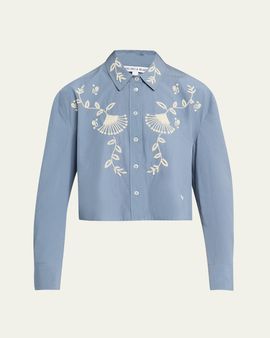 Veronica Beard Aderes Embroidered Cropped Cotton Shirt