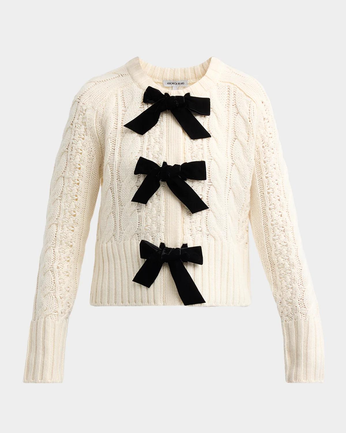 Veronica Beard Christina Cable-Knit Bow Cardigan
