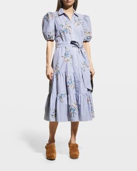 Veronica Beard Eunice Floral Embroidered Striped Button-Front Midi Dress