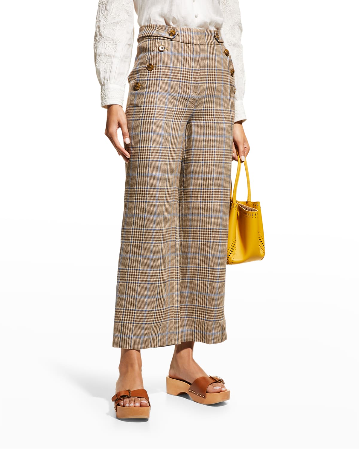 Veronica Beard Hunter Plaid Wide Straight Cropped Tailored Pants