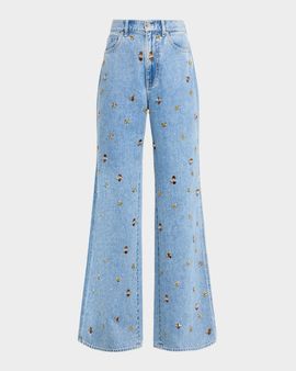 Veronica Beard Kasey Embellished Denim Mid-Rise Wide-Leg Jeans