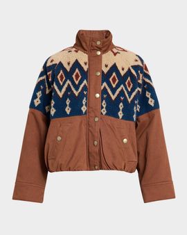 Veronica Beard Knoll Geometric Fleece & Cotton Canvas Zip-Up Jacket