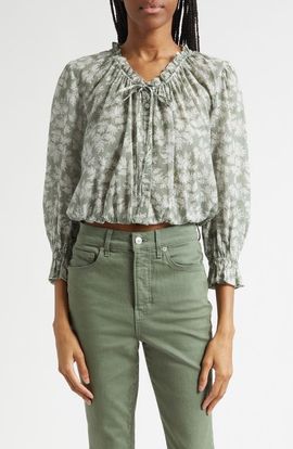 Veronica Beard Veronica Beard Williamsen Floral Button-Up Bubble Hem Top
