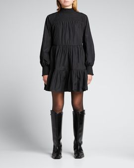 Veronica Beard Vigore Smocked High-Neck Dress