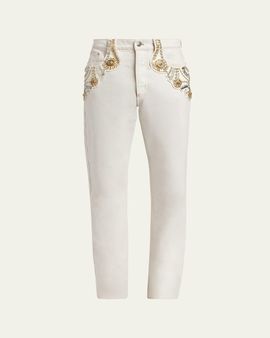 Versace Men's Crystal-Embroidered Straight-Leg Denim Jeans